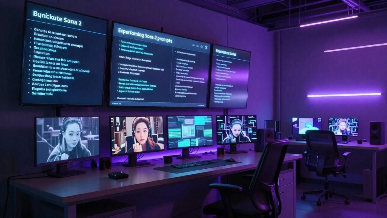 Collection of high-performing Sora 2 prompts displayed on glowing screens with video outputs