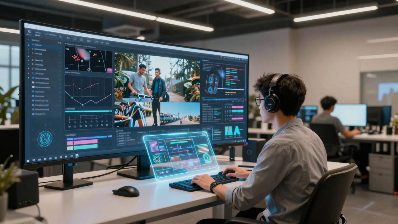 Creative professional using Sora 2 interface on futuristic display with video editing tools
