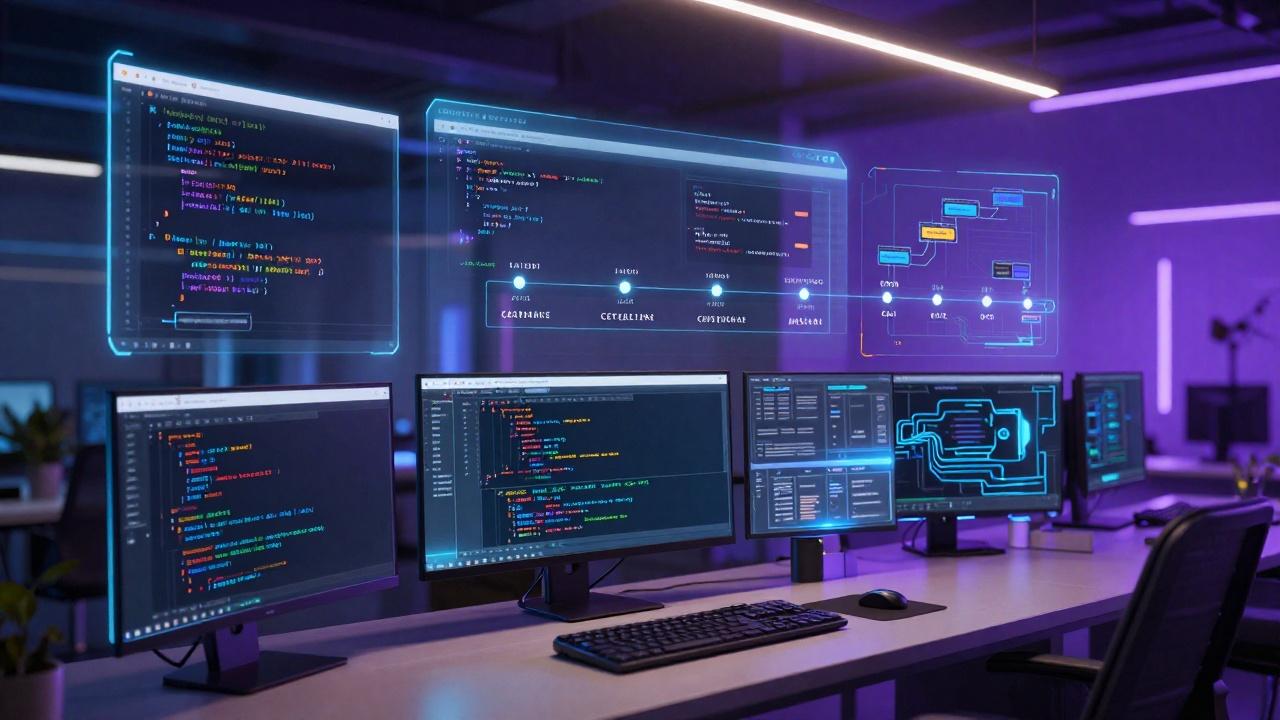 Developer workspace with API documentation and integration timeline displayed on futuristic screens