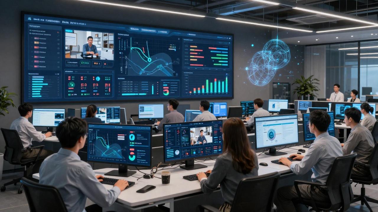 Marketing team analyzing AI video performance metrics on futuristic dashboards