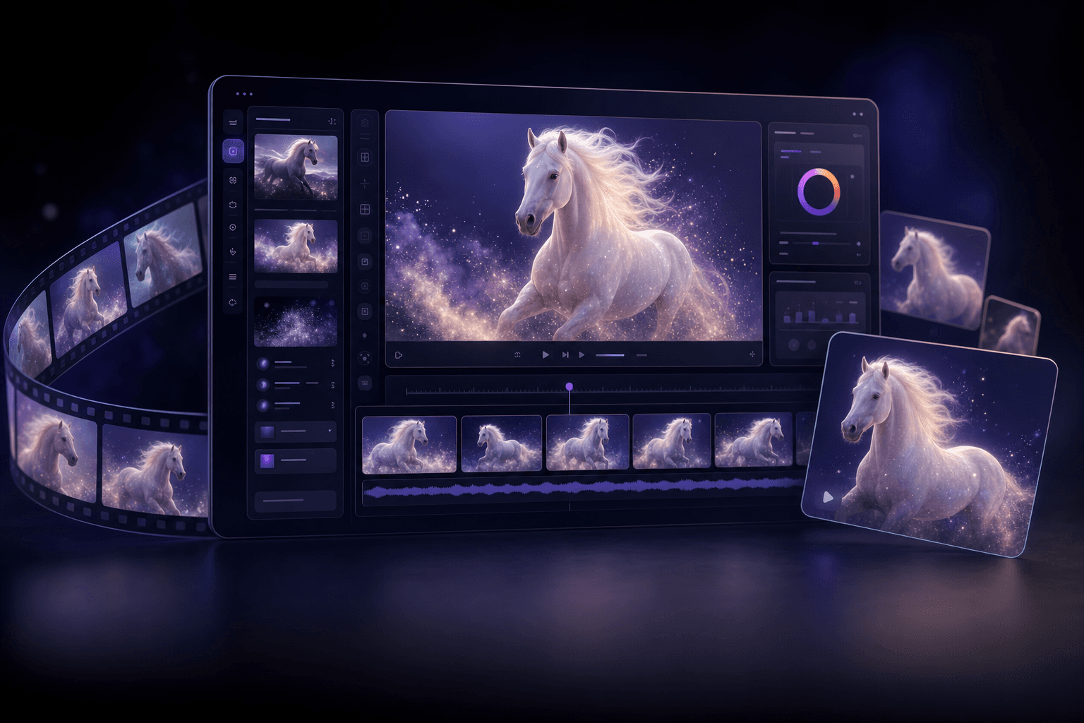 HappyHorse 1.0 AI video generator launch hero with cinematic preview frames and a Mobbi-style creative studio dashboard