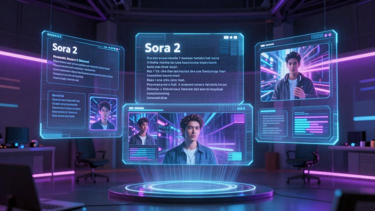 Neon-lit screens displaying various Sora 2 prompt examples and video outputs