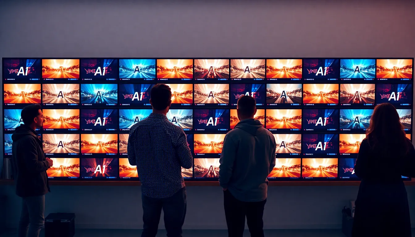 Design team aligning AI-generated video scenes on a large brand wall.
