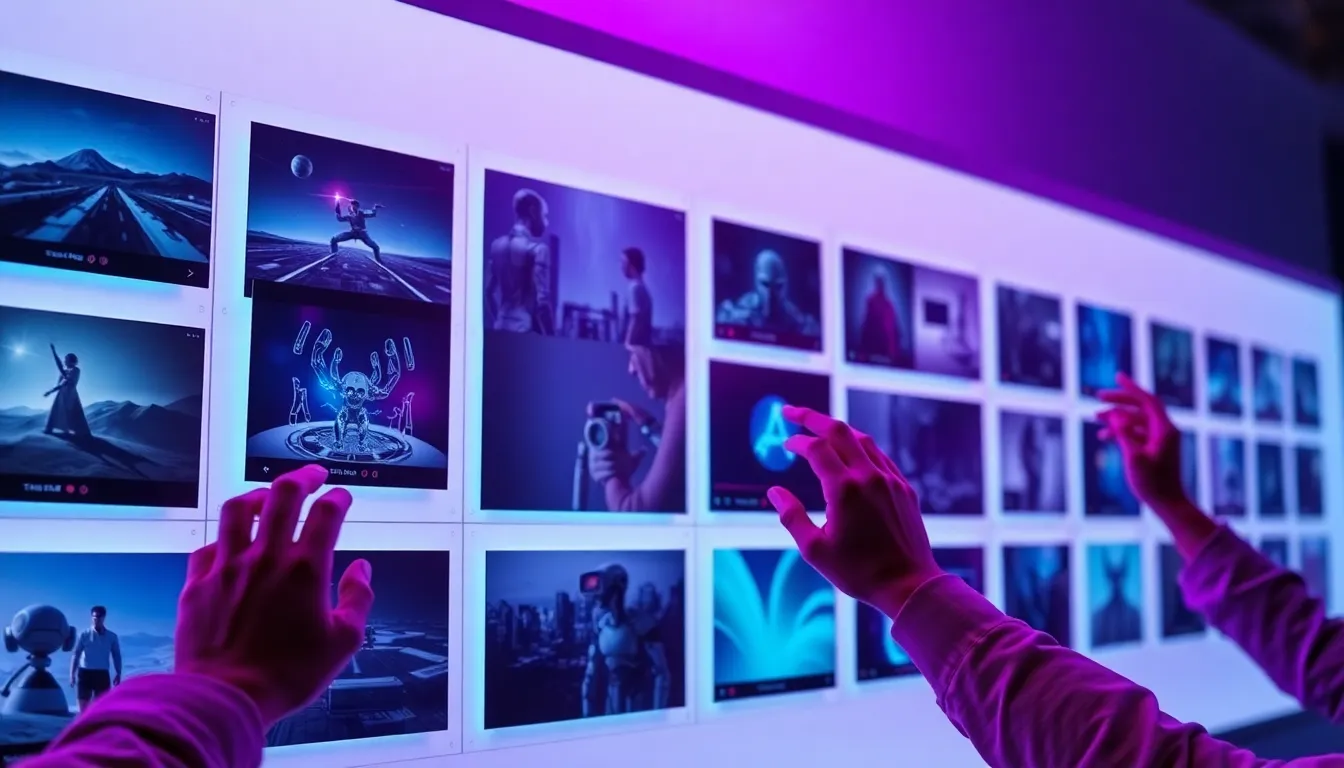 Storyboard cards pinned to a digital wall with AI video frames.
