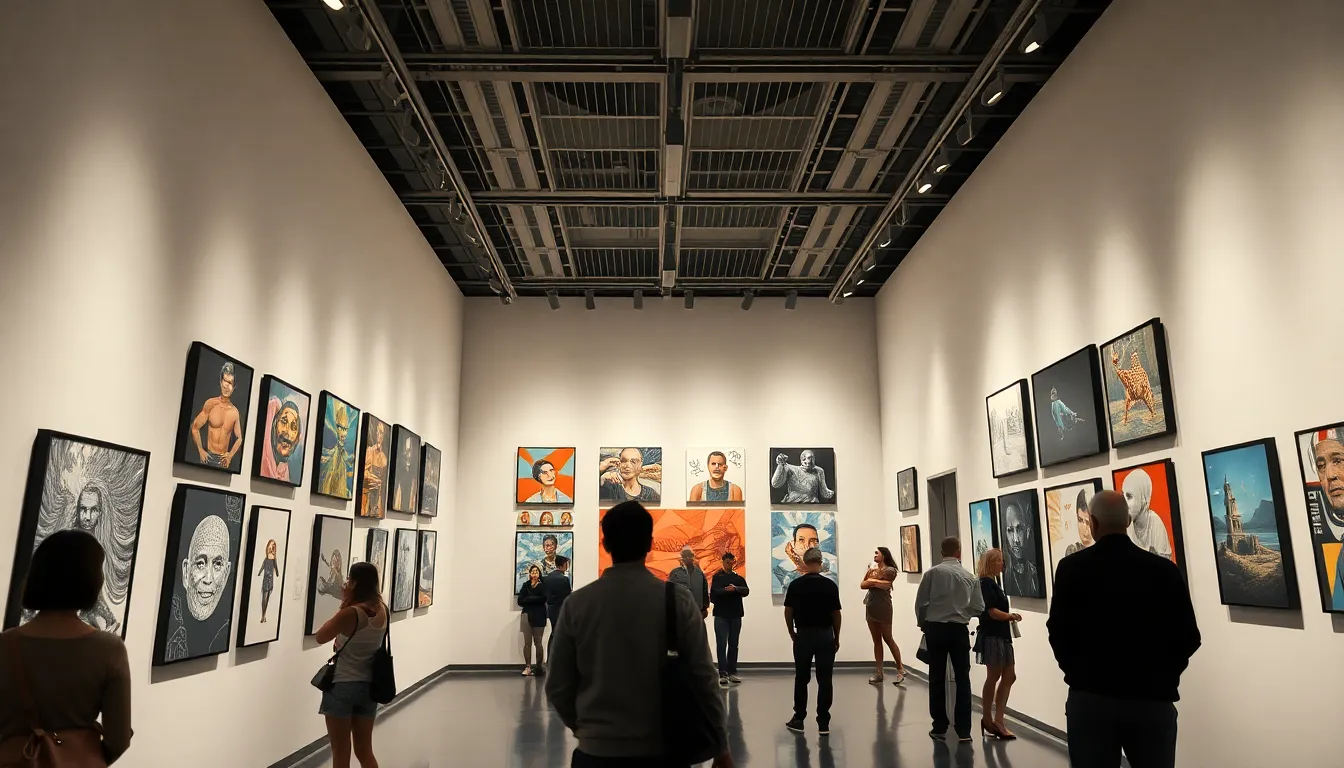 Gallery wall showcasing diverse AI-generated art styles in modern exhibition space