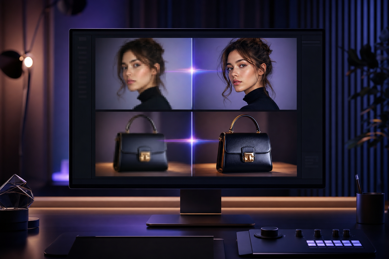 AI image enhancement before-and-after scene showing soft source photos becoming crisp high-resolution outputs