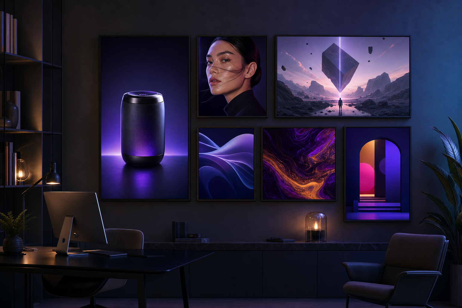 AI image generator gallery with product, portrait, concept art, poster, and photoreal scene outputs in a creative studio