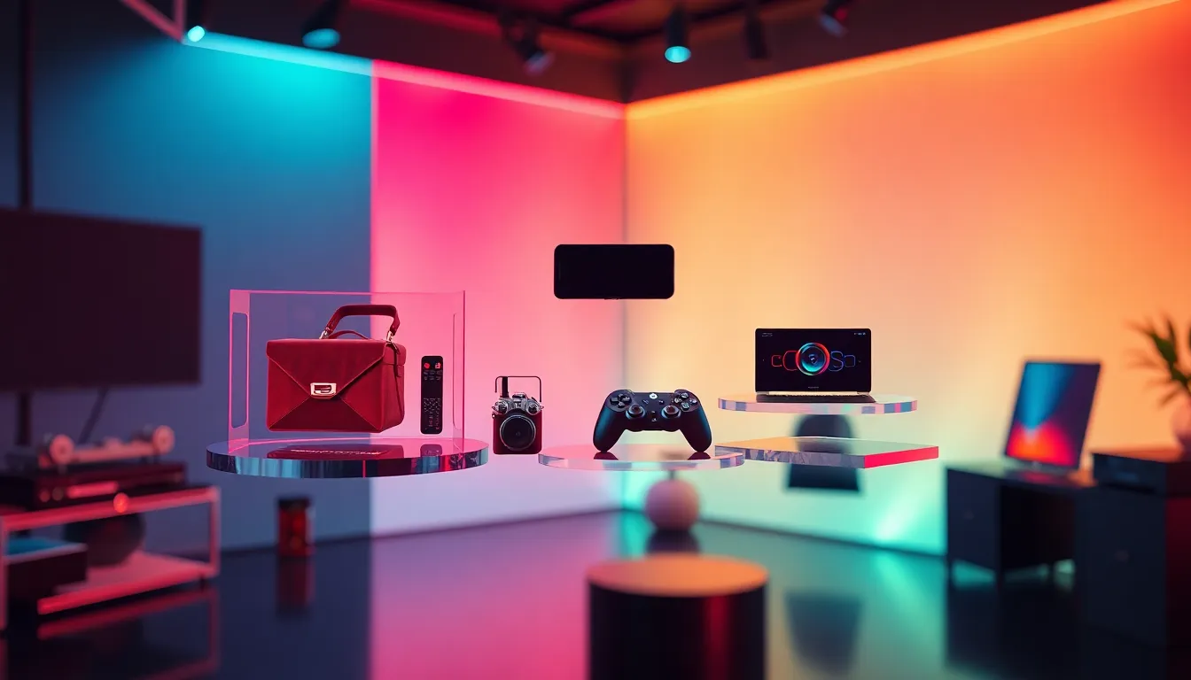 AI generated studio showcasing ecommerce products floating in vibrant lighting.