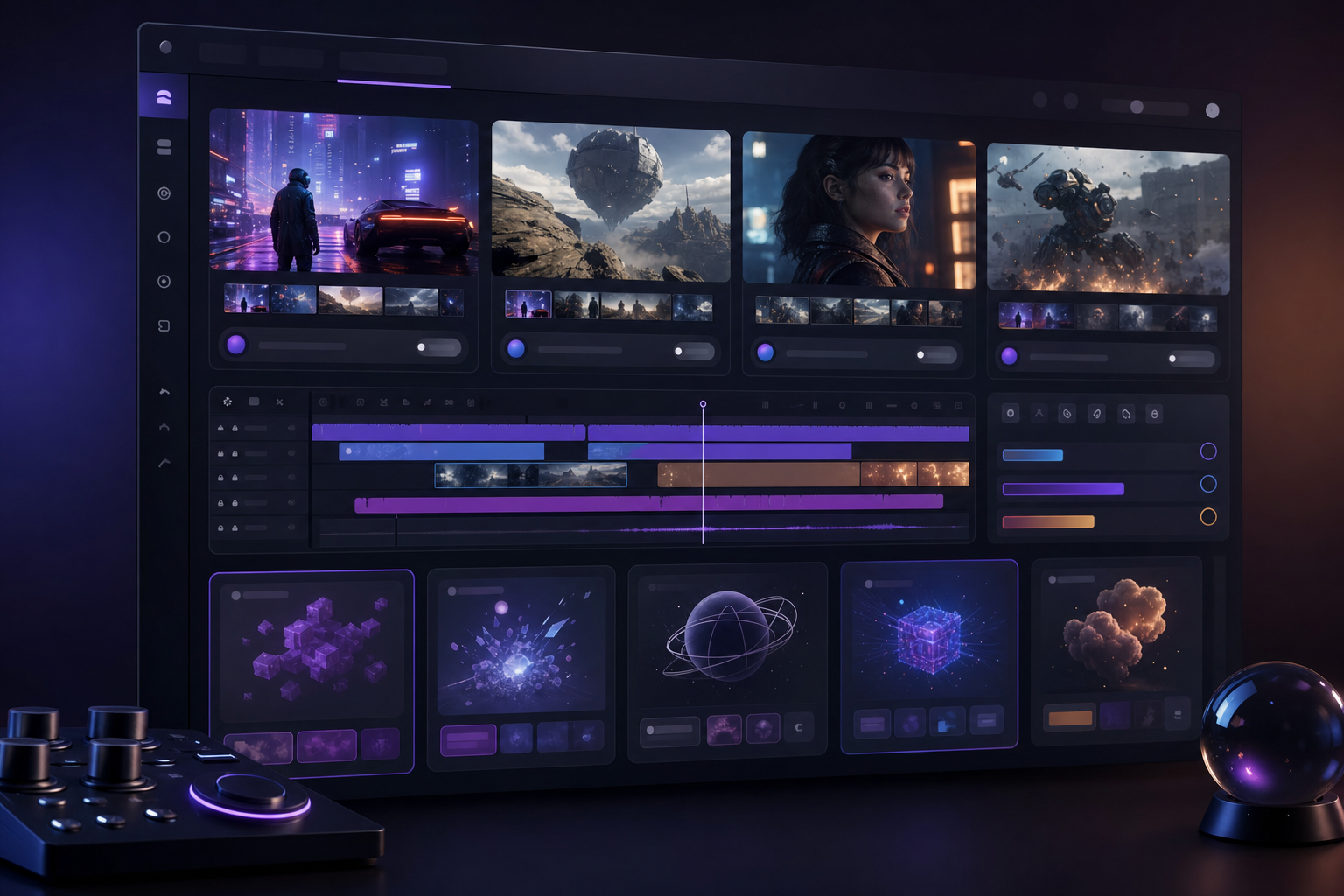 AI video generator comparison dashboard with cinematic previews, model cards, and editing controls