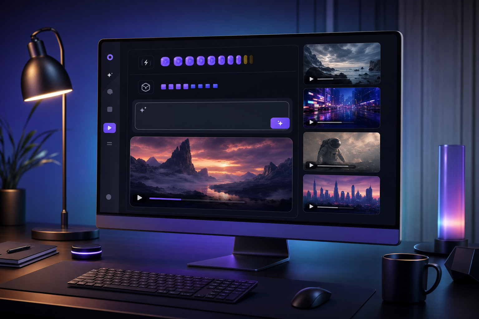 Free AI video generator workspace with daily credit tokens, video thumbnails, and browser-based creation controls