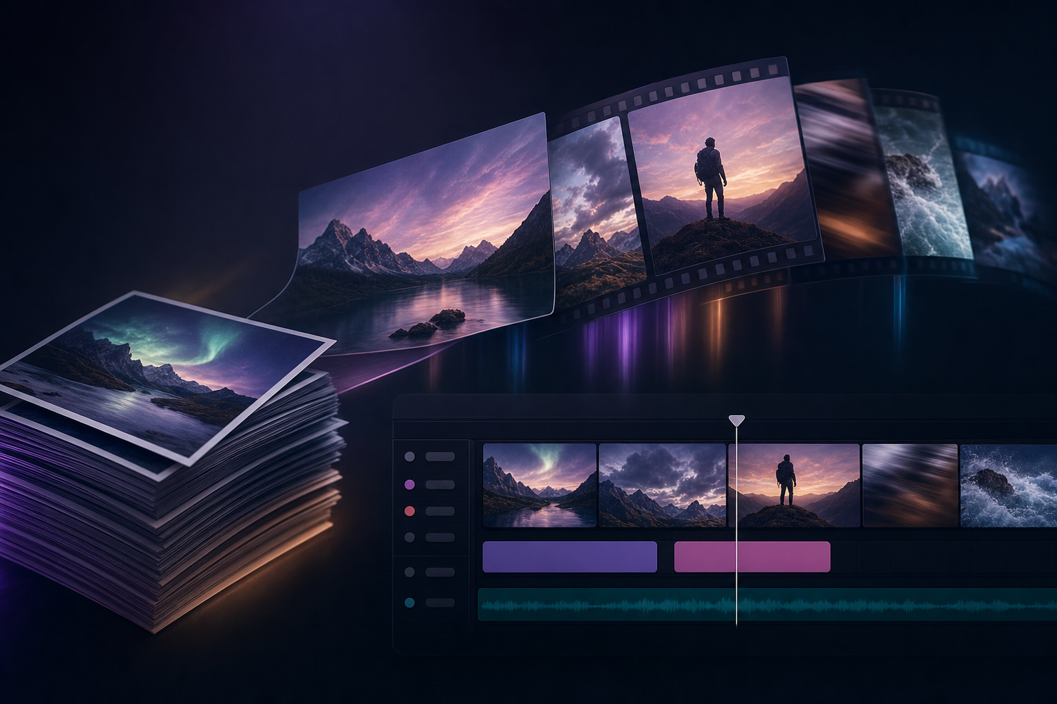 Printed photos lifting into cinematic video frames with subtle motion blur and an editing timeline