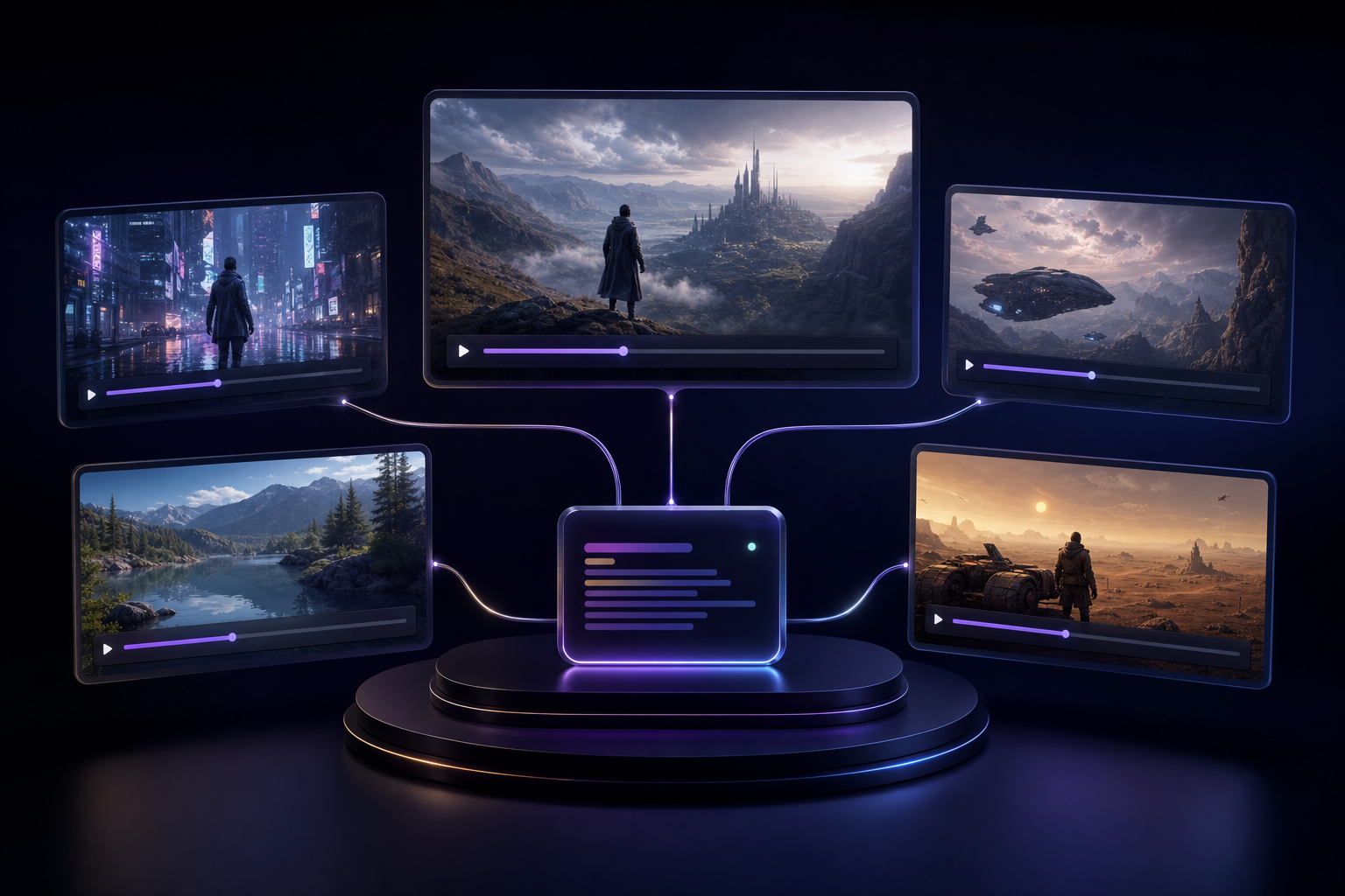 Multi-model AI video comparison with several cinematic outputs branching from one prompt card