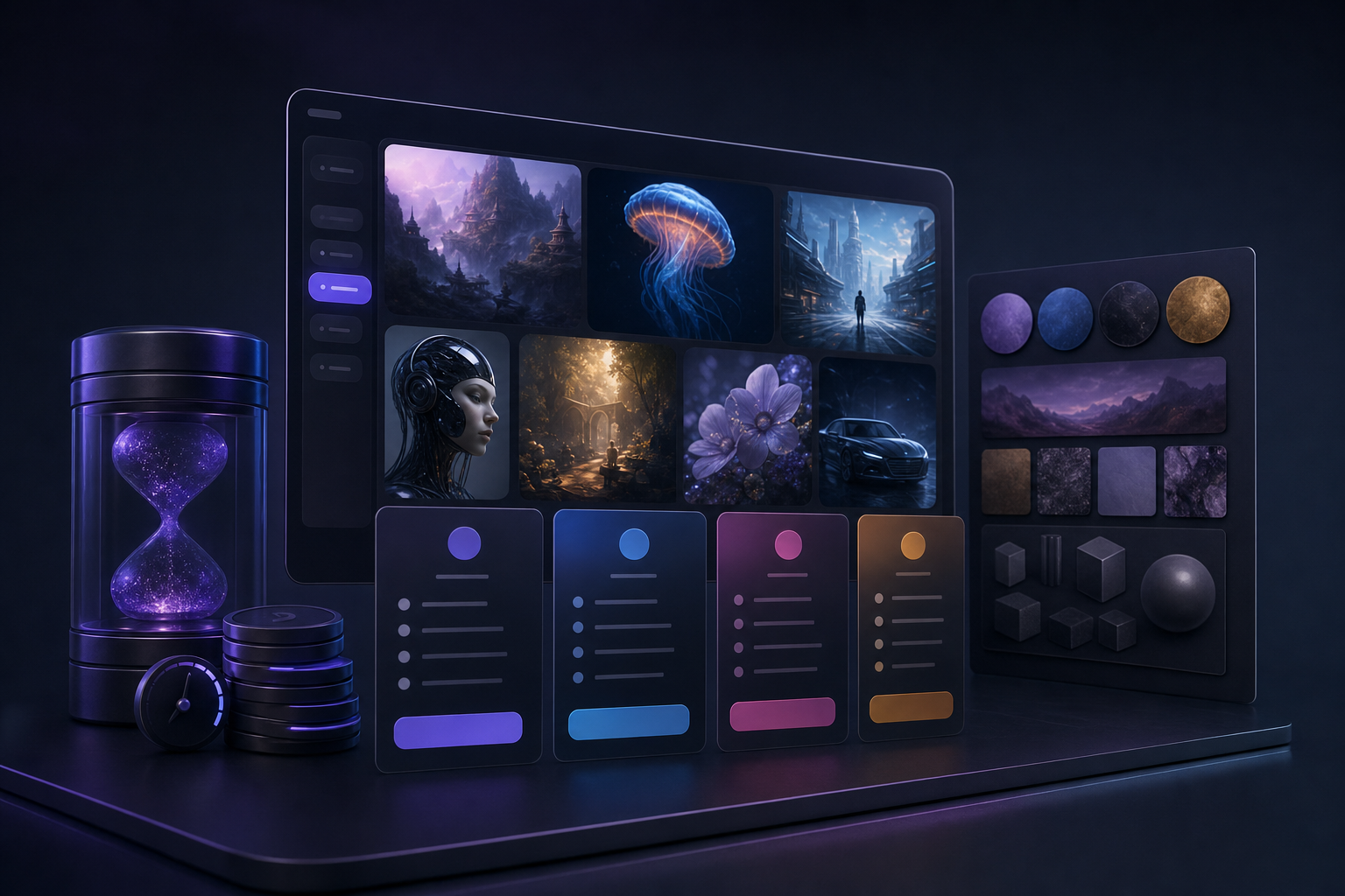 Midjourney pricing explainer with image generation gallery, fast-hour tokens, subscription cards, and art direction boards