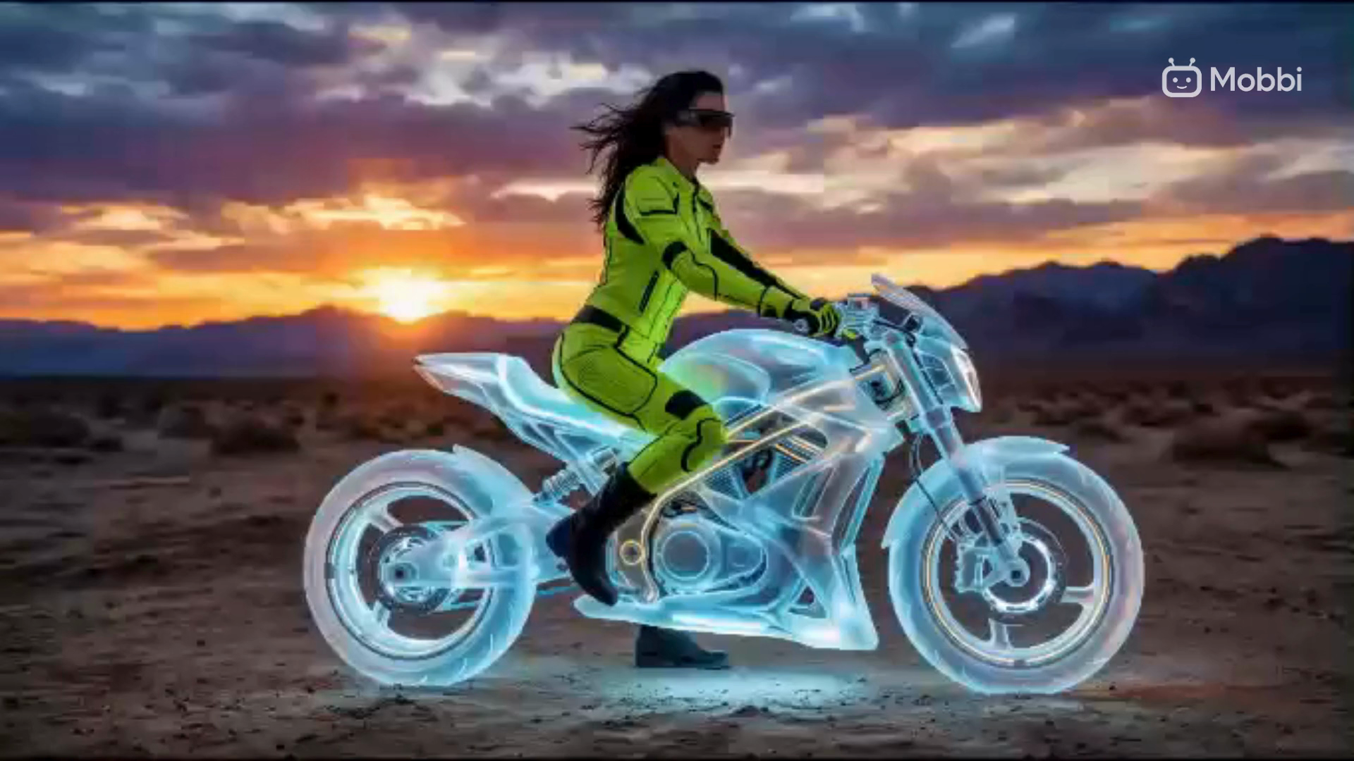 Nano Banana 2 character consistency — same woman with consistent facial features and identity riding a neon-lit transparent motorcycle in desert at sunset