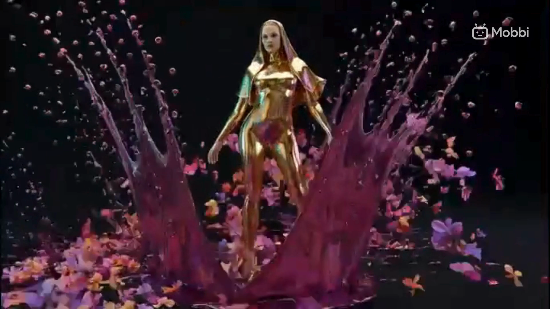Nano Banana 2 environment control — golden figure emerging from purple liquid splash surrounded by floating flower petals with controlled lighting and atmospheric effects
