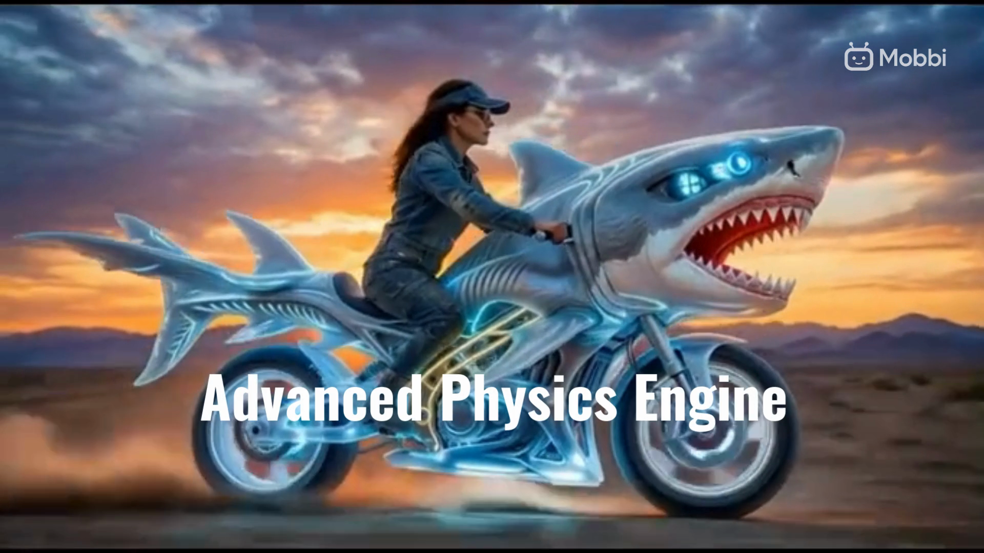 Nano Banana 2 advanced physics engine — woman riding a shark-shaped motorcycle through desert with realistic dust particles, motion blur, and physically accurate material interactions