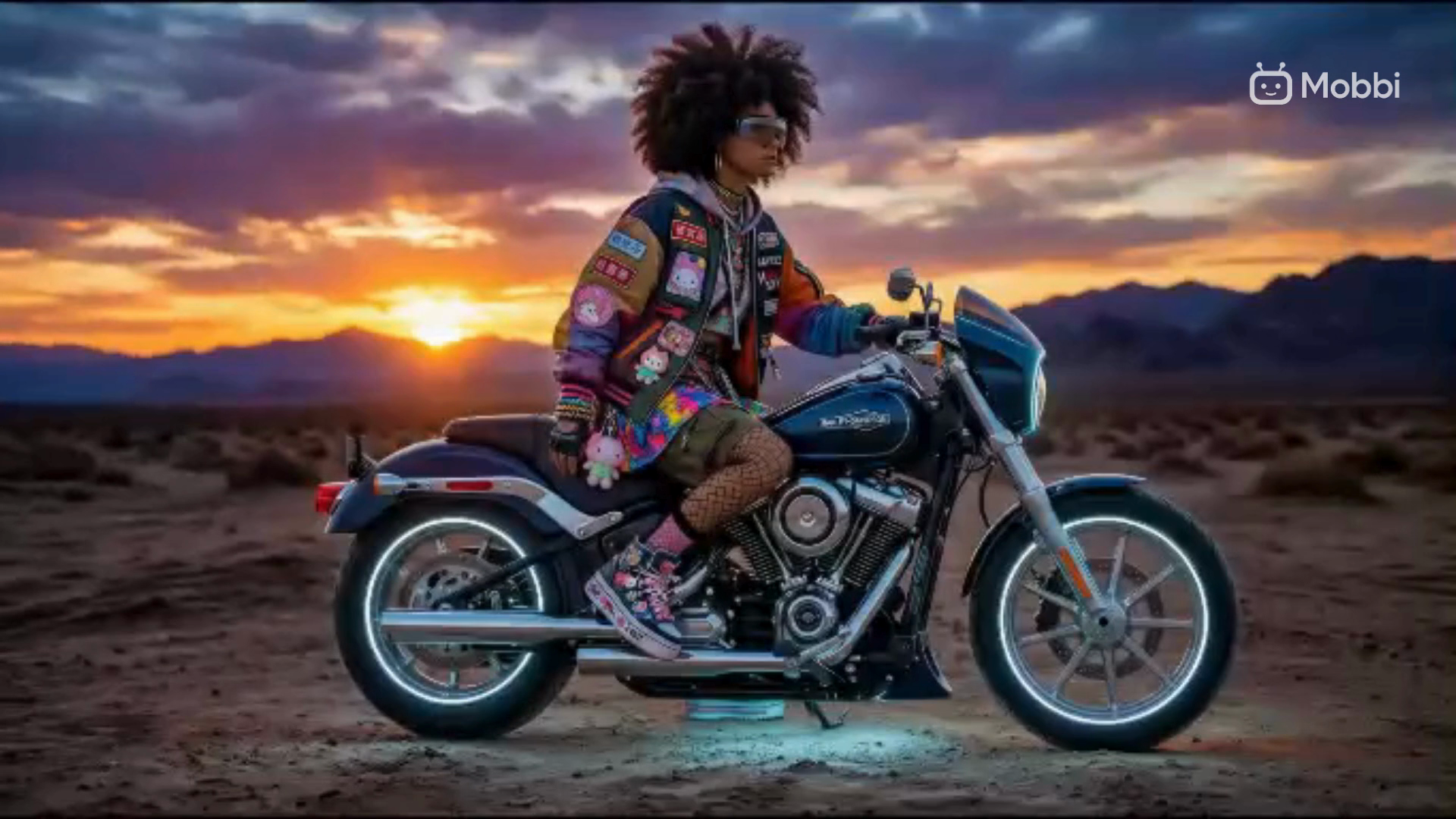 Nano Banana 2 prompt to pixel accuracy — woman with colorful patchwork vest and afro hairstyle sitting on a classic Harley Davidson motorcycle in desert at sunset