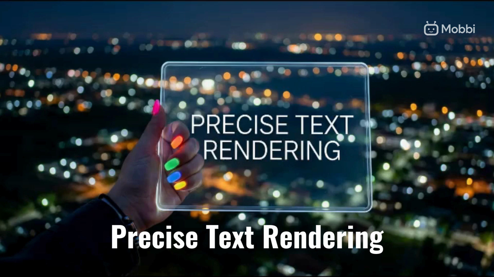 Nano Banana 2 precise text rendering — hand holding glass tablet displaying clearly rendered text against city bokeh background at night