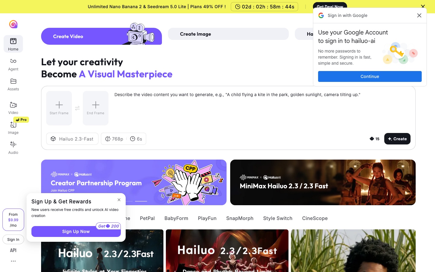 Hailuo AI video generator homepage