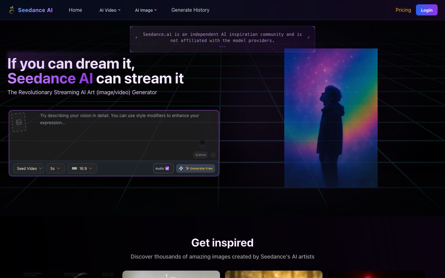 Seedance AI video generator homepage