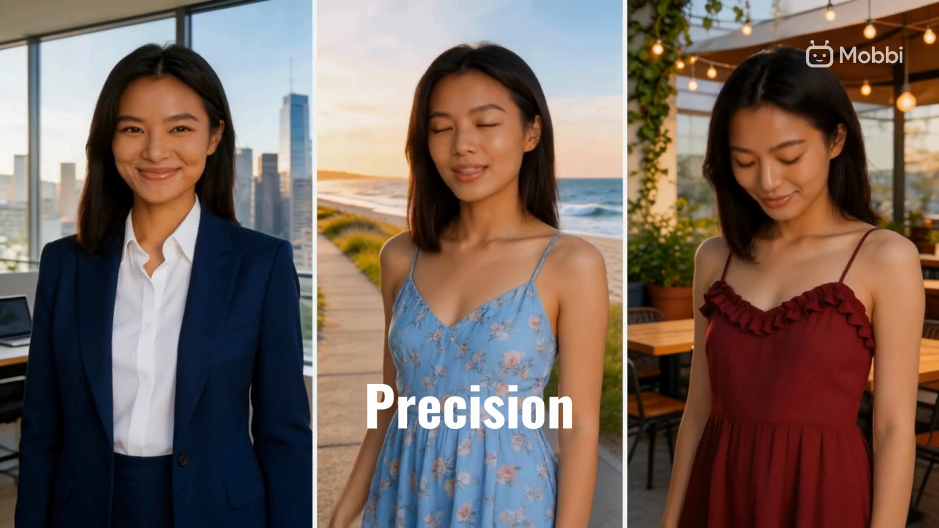 Seedream 5.1 Lite precision character consistency — the same woman rendered consistently across three different environments: corporate office, beach sunset, and outdoor café
