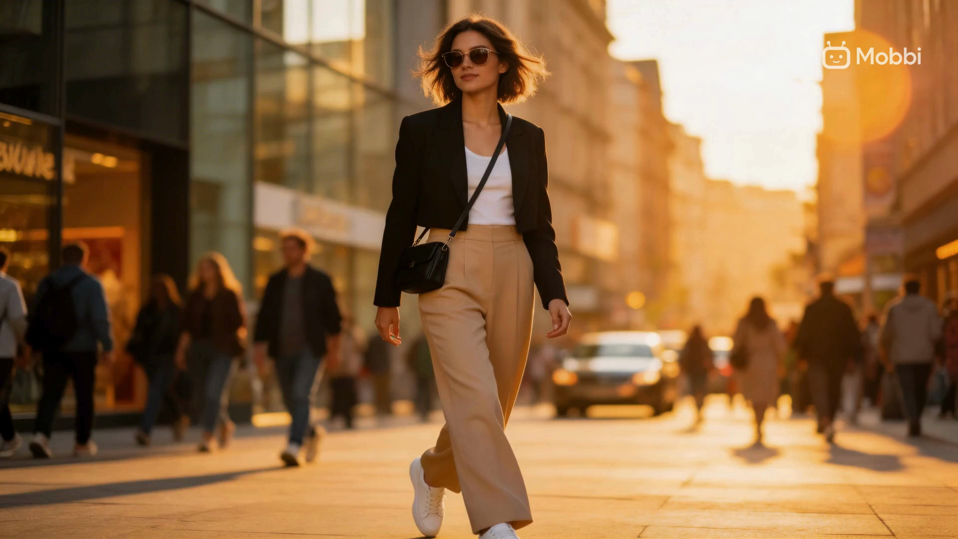 Seedream 5.1 Lite street photography — woman in black blazer and beige trousers walking on busy city street at golden hour with natural bokeh and pedestrians