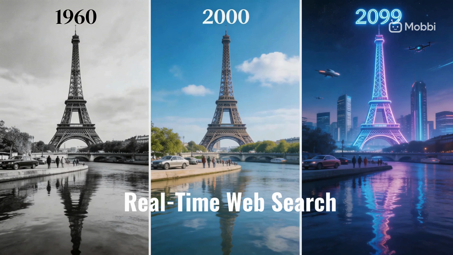 Seedream 5.1 Lite real-time web search feature — the Eiffel Tower rendered accurately across 1960, 2000, and 2099 showing historical and futuristic context awareness